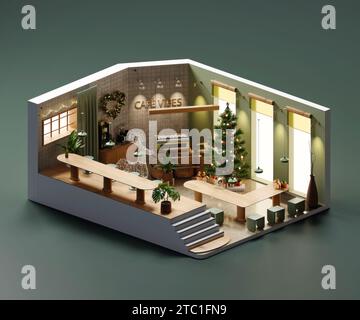 Isometrische Ansicht Minimaler Café-Shop mit Innenarchitektur, 3D-Darstellung digitaler Kunst. Stockfoto