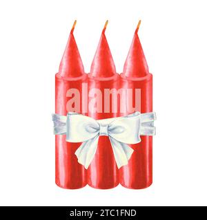 Aquarellrote Kerzen mit Schleife für Illustrationen zu Weihnachten, Candlemas Day, Hochzeit, Geburtstag, Ostern, Magie, Gedenktag, Spa und Entspannung für Stockfoto