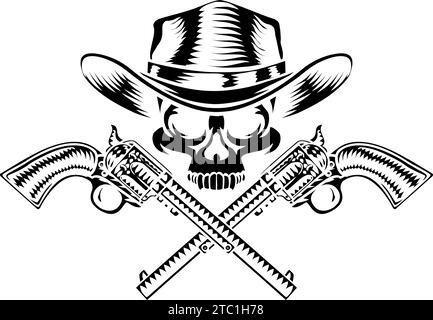 Cowboy Hut Pistolen Schädel Piraten Kreuz Knochen Stock Vektor