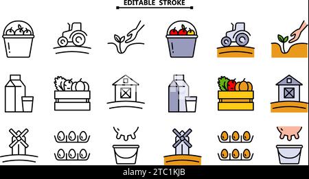 Satz von Vektorfarbsymbolen für Landwirtschaft. Bearbeitbare Kontur. Enthält solche Scheune, landwirtschaftliche Maschinen, Viehzucht, Gartenbau und vieles mehr Stock Vektor