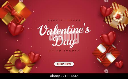 Valentinstag-Werbebanner mit realistischen Geschenkboxen und 3D-Herzen auf rotem Hintergrund mit Farbverlauf. Horizontales Poster, Grußkarte, Banner für Website Stock Vektor