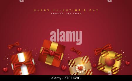 Valentinstag-Grußbanner mit realistischen roten und goldenen Geschenkboxen und glitzerndem Goldkonfetti auf rotem Hintergrund Stock Vektor