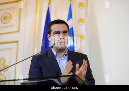 Wien, Österreich. Februar 2015. Griechischer Premierminister Alexis Tsipras (Syriza) zu einer Diskussion im Bundeskanzleramt in Wien Stockfoto