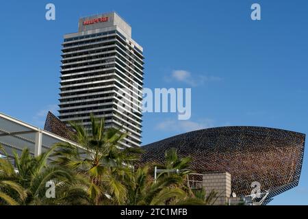 Moderne Kunst, goldener Fisch von Frank Gehry in Barcelona, Spanien, 3. Dezember 2023. (CTK Foto/Ondrej Zaruba) Stockfoto