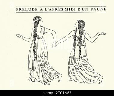 Frau mit langen Haaren, klassischem griechischem Kleid, Szene und Kostümdesign für den Auftakt zum Nachmittag eines Faun, Prélude à l'après-midi d'un faune, eine Sym Stockfoto