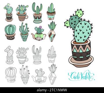 Kritzelskizze Zeichnung flache Art von Hauspflanzen - Blumentöpfe mit Kakteen, Vektorillustration Stock Vektor