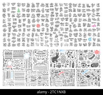 Mega Set mit handschriftlicher Inschrift für Weihnachten, Hochzeit und Kritzelsammlung Winterzeit und Trennblätter Stock Vektor