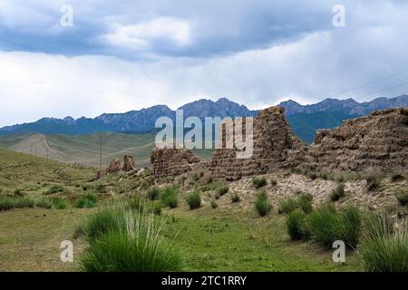 (231210) -- LANZHOU, 10. Dezember 2023 (Xinhua) -- dieses Foto vom 16. Juli 2023 zeigt einen abgenutzten Teil der Großen Mauer im tibetischen Autonomen County Tianzhu in Wuwei, nordwestchinesischer Provinz Gansu. In der Provinz Gansu befinden sich mehrere Abschnitte der Chinesischen Mauer, die insgesamt 3.654 Kilometer lang sind. Der Hexi-Korridor, ein wichtiger Teil der alten Seidenstraße, die sich durch den Süden der Provinz schlängelt, umfasst mehr als 1.400 Kilometer der Mauer, die in der Han-Dynastie (202 v. Chr.–220 n. Chr.) errichtet wurde, und über 1.200 Kilometer in der Ming-Dynastie (1368–1644). Gansu wird daher als "Freiluft" bezeichnet Stockfoto