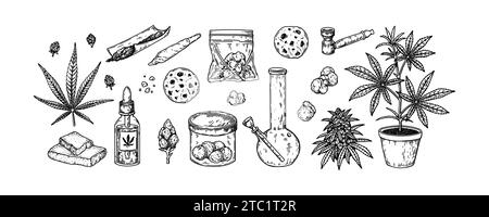 Werkzeuge und Produkte für das Rauchen von Cannabis. Handgezeichnete Marihuana-Designelemente. Vektorabbildung im Skizzenstil Stock Vektor