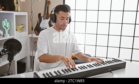 Attraktiver junger hispanischer Mann, ein talentierter Musiker, der sich in die Melodie eintaucht, leidenschaftlich das akustische Klavier spielt, in einem Kopfhörern in A l Stockfoto