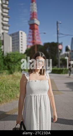 Die lebendige hispanische Frau, die vor Freude strahlt, posiert in einer Brille an tokios berühmtem Stadtviertel und verbreitet ein ansteckendes Lächeln und eine unbeschwerte, selbstbewusste Aura Stockfoto