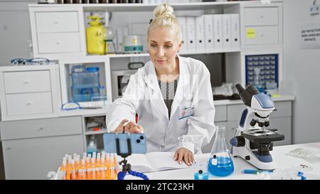 Fleißige junge, attraktive, blonde Wissenschaftlerin vertieft in ein entscheidendes Videogespräch und macht sich fleißig Notizen in ihrem Labornotizbuch Stockfoto