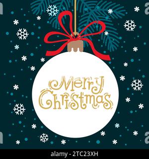 Weihnachtskarte und Einladung. Weihnachtsbaumschmuck mit Text Frohe Weihnachten hängt an einem Band. Handgezeichnete Vektorgrafik Stock Vektor