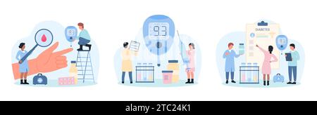 Diagnose und medizinische Tests für Diabetes Set Vektorillustration. Cartoon winzige Ärzte mit Vergrößerungsglas, Laborröhrchen und Glukometer überwachen den Blutzuckerspiegel im Bluttropfen vom Finger des Patienten Stock Vektor