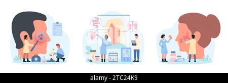 Forschung über Hautgesundheitszustände Set Vektorillustration. Karikatur-winzige Menschen mit Vergrößerungsglas überprüfen Gesichtsmikroflora des Mannes, Epidermis-Regeneration der Frau, Wirkung der inneren Organe Stock Vektor