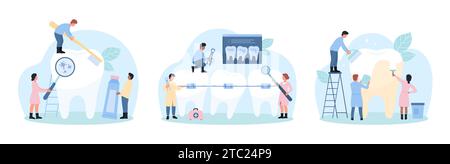 Zahnärztliche Versorgung im Krankenhaus-Set-Vektorillustration. Karikatur winzige Zahnärzte reinigen den Zahnschmelz von großen Zähnen mit Zahnwerkzeug und Zahnbürste, Menschen behandeln Keime und Karies, korrigieren den Biss mit Metallspangen Stock Vektor