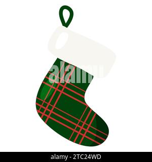 Festliche Weihnachtssocke für Feiertagsgeschenke, die am Kamin hängen werden, kariertes Muster, Vektorillustration Stock Vektor