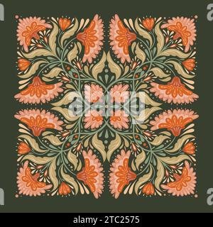 Dekorative Vektor-Illustration mit Blumenschmuck. Volkskunst-Tracery-Karte mit geometrischen Blumen und Stämmen mit Laub in Pastellfarben für Handkerzen Stock Vektor