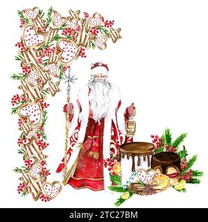 Komposition für Weihnachtsmann in rotem Mantel und Keksen. Handgezeichnete Winterillustrationen für Karten, Hintergründe, Scrapbooking und Ihr Design. Perfe Stockfoto