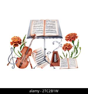 Violine, Notenständer, Noten, Baton, Metronom, Treble und Bass Clef dekoriert mit Ringelblumen Komposition. Aquarellabbildung Stockfoto