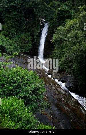 Einer der schönsten Wasserfälle im Nuwa Eliya-Viertel von Sri Lanka befindet sich in der Nähe der Eisenbahnbrücke Stockfoto