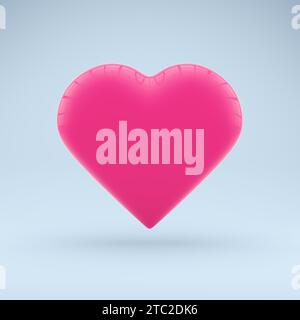 Rosafarbenes Herzsymbol. Valentinskarte. Symbol der Liebe. Glänzende Herzform auf weichem blauem Hintergrund mit Reflektionseffekt und Schatten. 3D-Rendering. Stockfoto