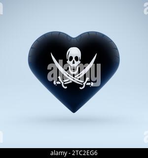 Calico Jack Piratenflagge mit Schädel und gekreuzten Schwertern in dunkler und heller Ausführung in Herzform. Stockfoto