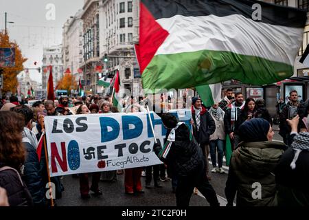 Gran Via Street, Madrid, Spanien. Dezember 2023. Demonstration zur Verteidigung des palästinensischen Volkes zum Schrei "es ist kein Krieg, es ist Völkermord". Quelle: EnriquePSans/Alamy Live News Stockfoto