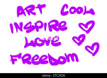 Sammlung von Graffiti Street Art Tags mit Wörtern und Symbolen in violetter Farbe auf weißem Hintergrund Stockfoto