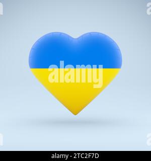 Staatssymbol der Ukraine auf Hochglanzabzeichen. Symbol in Form eines Herzens mit dem Bild der Nationalflagge der Ukraine als Symbol des Stolzes und der Unterstützung. Stockfoto