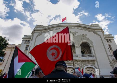 10. Dezember 2023: Tunis, Tunesien. 10. Dezember 2023. Im Zentrum von Tunis findet eine Kundgebung statt, in der die Freilassung politischer Gefangener sowohl in Tunesien als auch in Palästina gefordert wird. Die Teilnehmer schwenkten die palästinensische und die tunesische Flagge während des Protestes, der von der Koalition der Nationalen Heilsfront organisiert wurde (Credit Image: © Hasan mrad/IMAGESLIVE via ZUMA Press Wire) NUR REDAKTIONELLE VERWENDUNG! Nicht für kommerzielle ZWECKE! Stockfoto