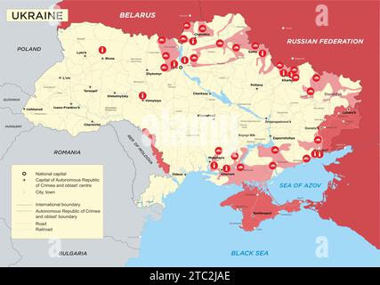 Ukraine Kriegskarte. Russland in der Ukraine und im Nahen Osten. Russischer Militärkonflikt mit der Ukraine. Russische Agression. Geopolitische Konzeptdarstellung. Stockfoto