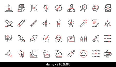 Grafikdesign rote schwarze dünne Liniensymbole stellen die Vektordarstellung ein. Tools für kreative Projekte von Designern, Software und Schreibwaren für die Schnittstelleneinheit in der mobilen App, Pack für das Portfolio der YouTuber. Stock Vektor