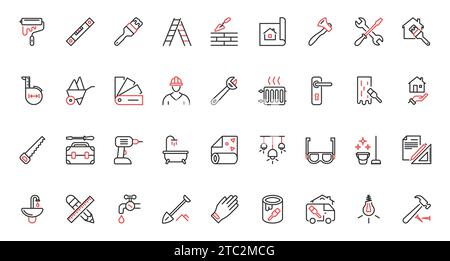 Hausreparatur und Dekoration rote schwarze dünne Liniensymbole stellen die Vektordarstellung ein. Sammlung von Piktogrammen für die Hausrenovierung mit Malerwalze, Pinsel und Hammer, Nivelliergerät und Bohrwerkzeugen für Bauarbeiten. Stock Vektor