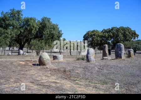 Cromeleque de Vale Maria do Meio das Vale Maria do Meio Cromlech ist ein megalithischer Steinkreis im Bezirk Evora in der Region Alentejo in Por Stockfoto