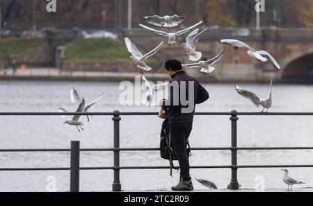 Hamburg, Deutschland. Dezember 2023. Ein Mann füttert Möwen im Niesel auf der inneren Alster. Quelle: Markus Scholz/dpa/Alamy Live News Stockfoto