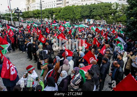 10. Dezember 2023: Tunis, Tunesien. 10. Dezember 2023. Im Zentrum von Tunis findet eine Kundgebung statt, in der die Freilassung politischer Gefangener sowohl in Tunesien als auch in Palästina gefordert wird. Die Teilnehmer schwenkten die palästinensische und die tunesische Flagge während des Protestes, der von der Koalition der Nationalen Heilsfront organisiert wurde (Credit Image: © Hasan mrad/IMAGESLIVE via ZUMA Press Wire) NUR REDAKTIONELLE VERWENDUNG! Nicht für kommerzielle ZWECKE! Stockfoto