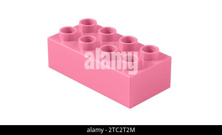 Flamingo Pink Lego-Block aus Kunststoff isoliert auf weißem Hintergrund. Kinderspielzeugziegel, Perspektivische Ansicht. Nahansicht eines Spielblocks für Konstrukteure. 3D-Rendering. 8K Ultra HD, 7680 x 4320, 300 dpi Stockfoto