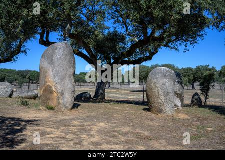 Cromeleque de Vale Maria do Meio das Vale Maria do Meio Cromlech ist ein megalithischer Steinkreis im Bezirk Evora in der Region Alentejo in Por Stockfoto