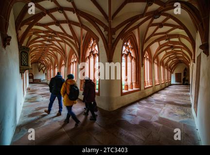 Mainz, Deutschland. Dezember 2023. Eine Gruppe von Besuchern der Pfarrkirche St. Stephen geht durch den Kreuzgang. Die katholische Pfarrkirche St. Stephen wurde 990 auf der höchsten Erhebung der Stadt gegründet. Der Kreuzgang mit seinem Rippengewölbe gilt als der schönste spätgotische Kreuzgang in Rheinland-Pfalz. Darlegung: Andreas Arnold/dpa/Alamy Live News Stockfoto