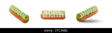 Köstliches Pistazieneclair auf weißem isoliertem Hintergrund, Eclair mit Pistaziencreme und Füllung Stockfoto