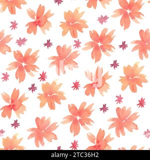 Blumenmuster in Wasserfarben. Muster mit orangefarbenen und kleinen burgunderroten Blüten. Isoliertes, handlackiertes Design. Botanische Illustration für Hochzeitsdesign Stockfoto