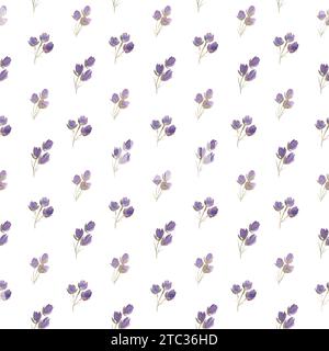 Blumenmuster in Wasserfarben. Zartes lila Blumenarrangement mit Blumen und grünen Blättern. Isoliertes, handlackiertes Design. Botanische Illustration Stockfoto