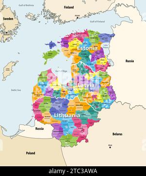 Baltische staaten, nordöstliche Region Europas mit den Ländern Estland, Lettland und Litauen, Vektorkarte mit benachbartem Countr Stock Vektor