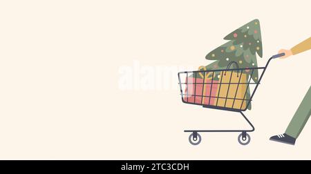 Mann mit Einkaufswagen mit Weihnachtsbaum und Geschenken, Kopierraum. Weihnachtseinkäufe. Illustration des flachen Vektors Stock Vektor