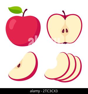 Zeichentrickset mit rotem Apfel. Querschnitt von geschnittenem Apfel, Scheiben und ganzen Früchten, isolierte Vektorillustration. Stock Vektor