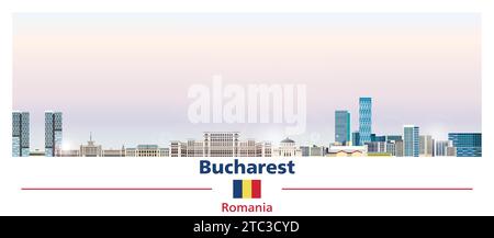 Bukarest Stadtbild auf schönem Verlauf bunter Himmel Hintergrund Vektor Illustration mit Flagge von Rumänien Stock Vektor