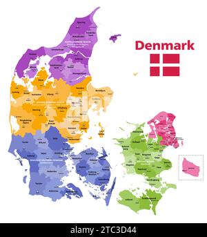 Dänemark Gemeinden Vektorkarte farbig nach Regionen mit Verwaltungszentren Stock Vektor