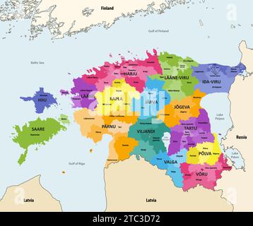 Estland Gemeinden gefärbt nach Grafschaften Vektorkarte mit Nachbarländern und Territorien Stock Vektor