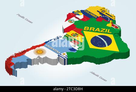 Südamerika-Vektor-isometrische Karte kombiniert mit nationalen Flaggen Stock Vektor